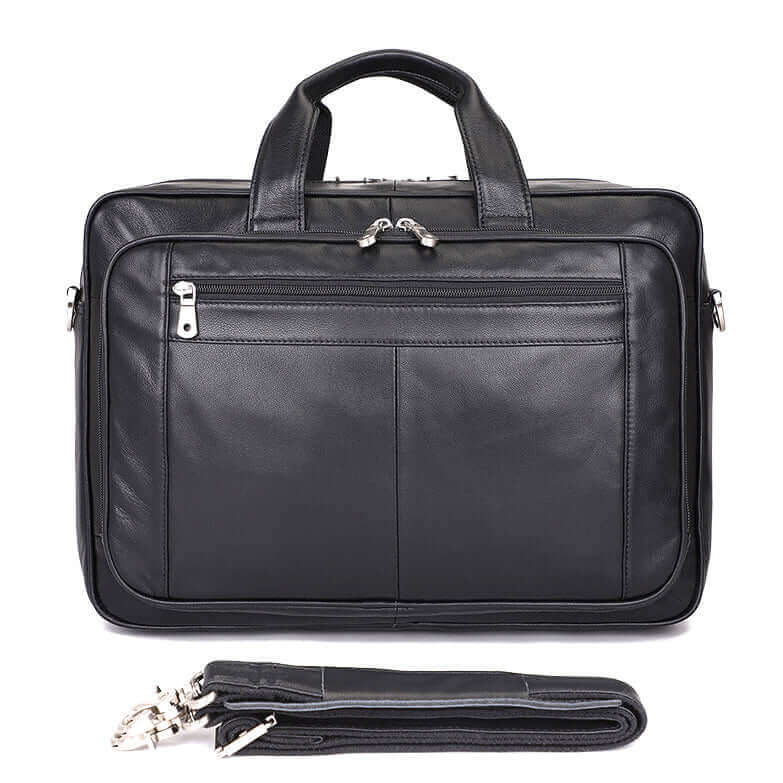 Front view of the Men's Large Capacity Leather Laptop Bag for business travel.