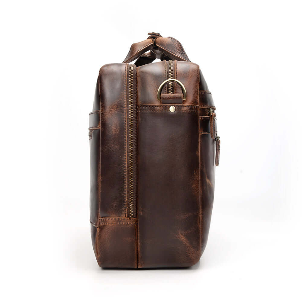 Side angle of leather laptop bag