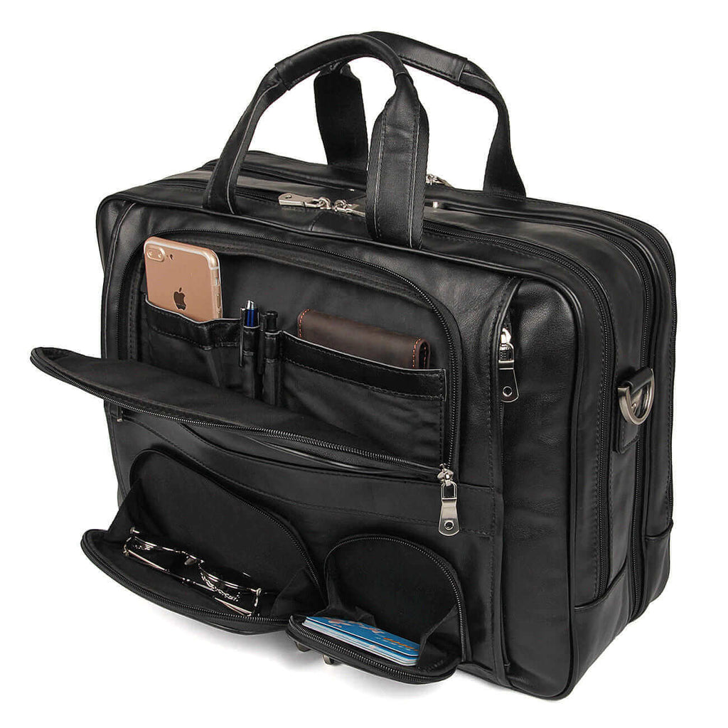 Professional leather briefcase, 17-inch laptop bag, black for men.