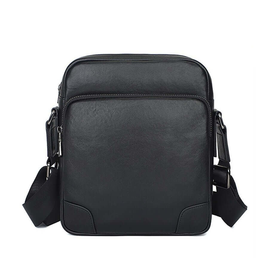 Men's black leather crossbody bag with a sleek minimalist design, front view.