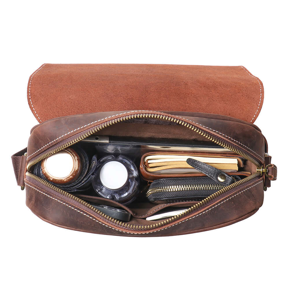 Inner capacity view of men’s leather crossbody bag