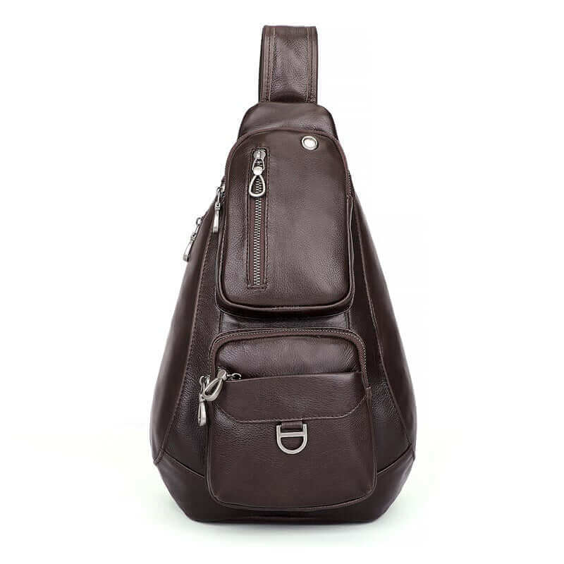 Compact and practical men's leather sling bag with multiple compartments for daily use.