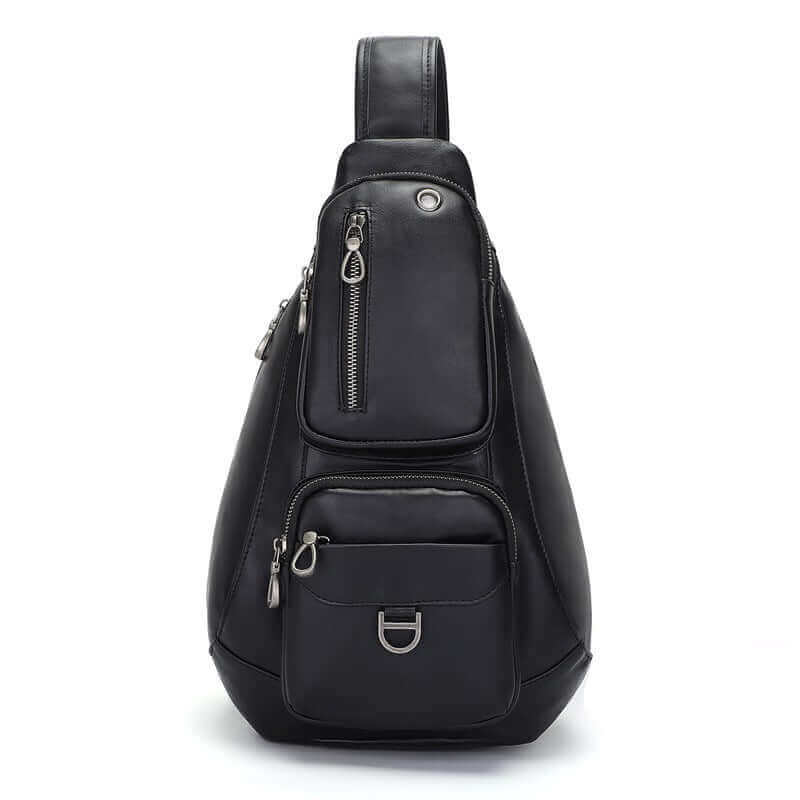 Men's genuine leather sling bag showcasing the front view with a structured and stylish design.