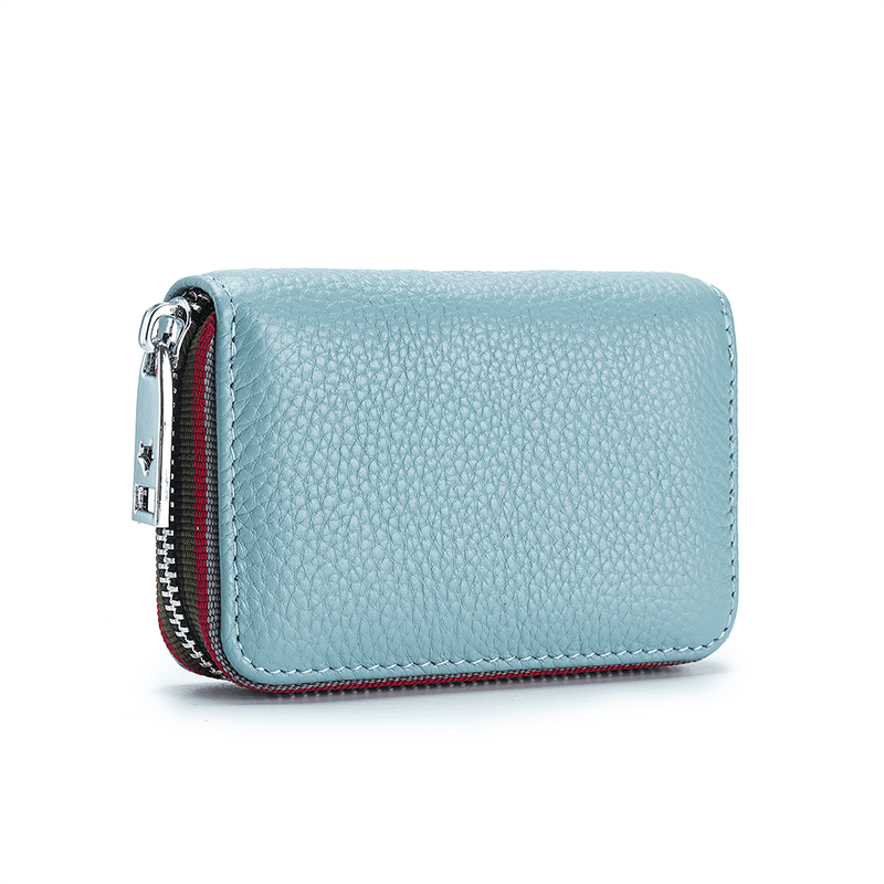 Men's RFID leather card holder in blue with 12 card slots and colorful woven edges for a sleek look.