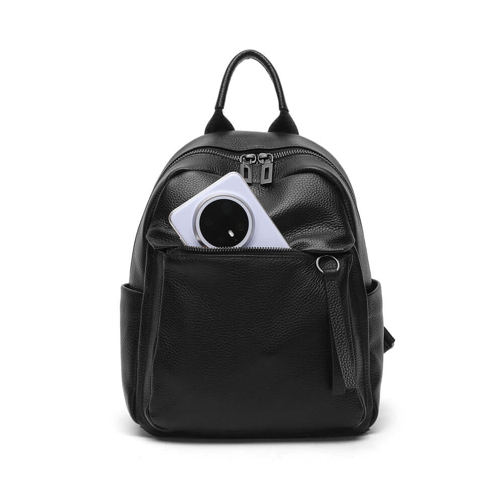 front pocket detail on black mini leather backpack