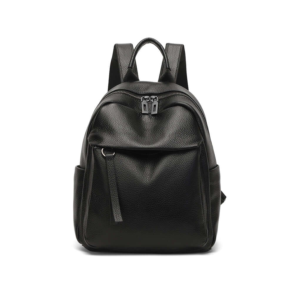 front view of mini black leather backpack for women