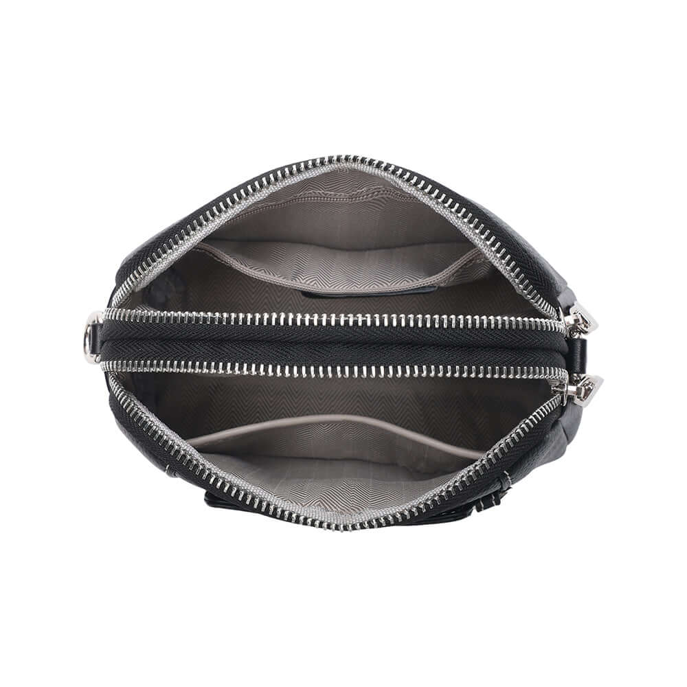 Angled top view showing two separate compartments of the mini leather bag.