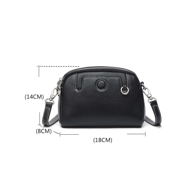 Size chart of mini leather crossbody bag showing height width and depth.