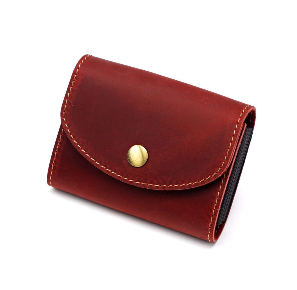 Red genuine leather compact card wallet