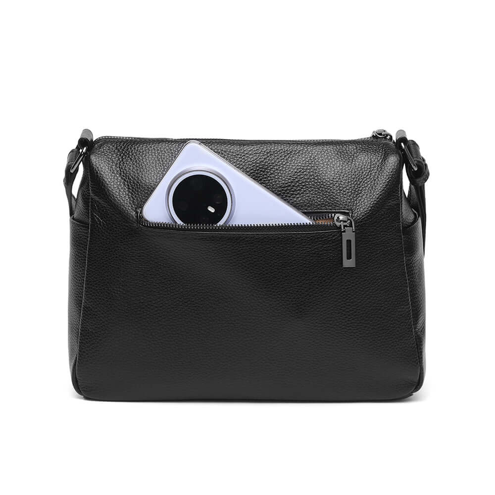 Minimalist black leather shoulder bag for women