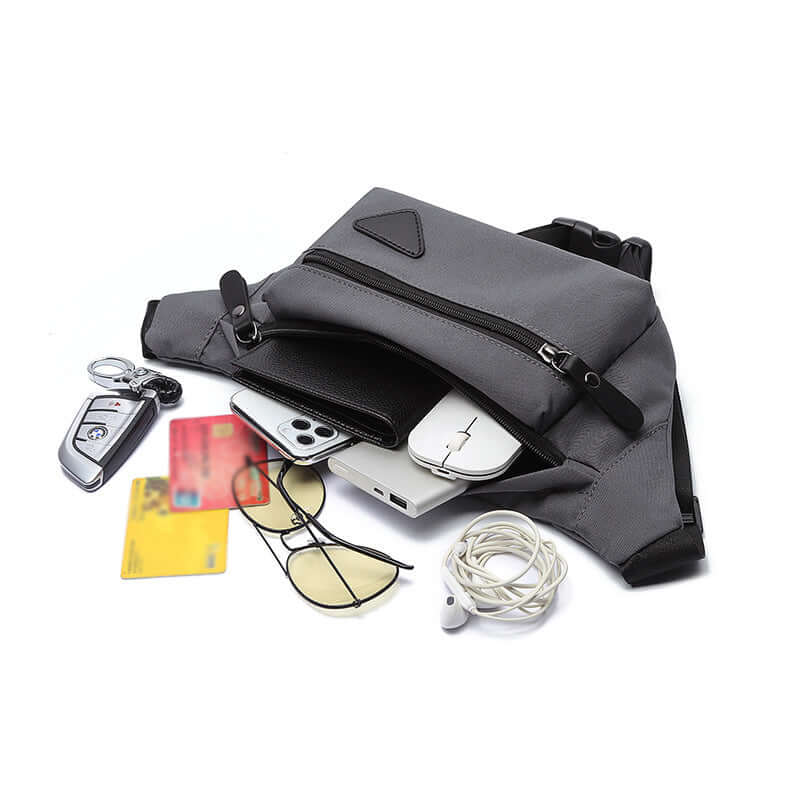 Minimalist grey bum bag for men with multifunction compartments.