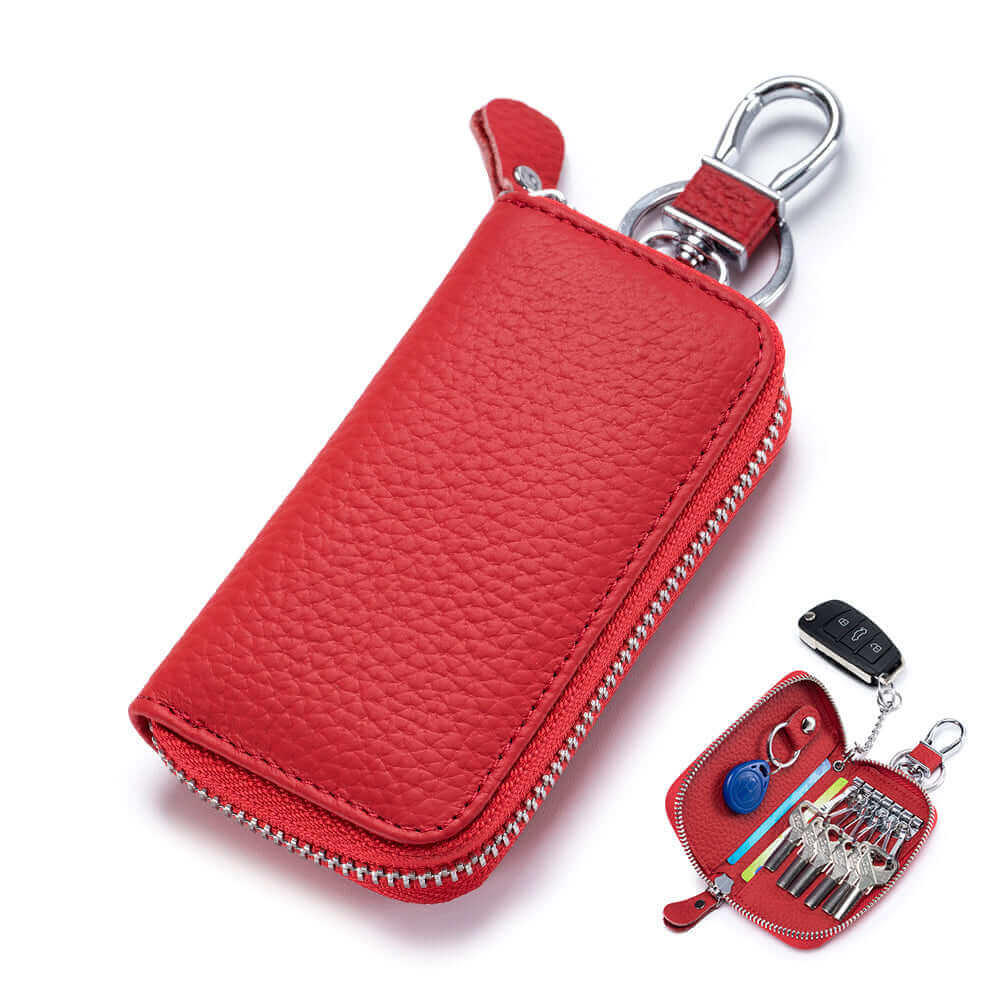 Modern black leather key holder wallet in red.