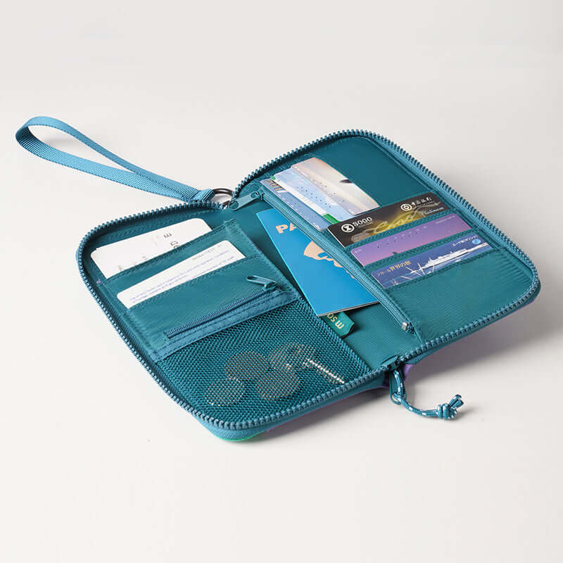 Multi-compartment travel wallet for passports and personal essentials.