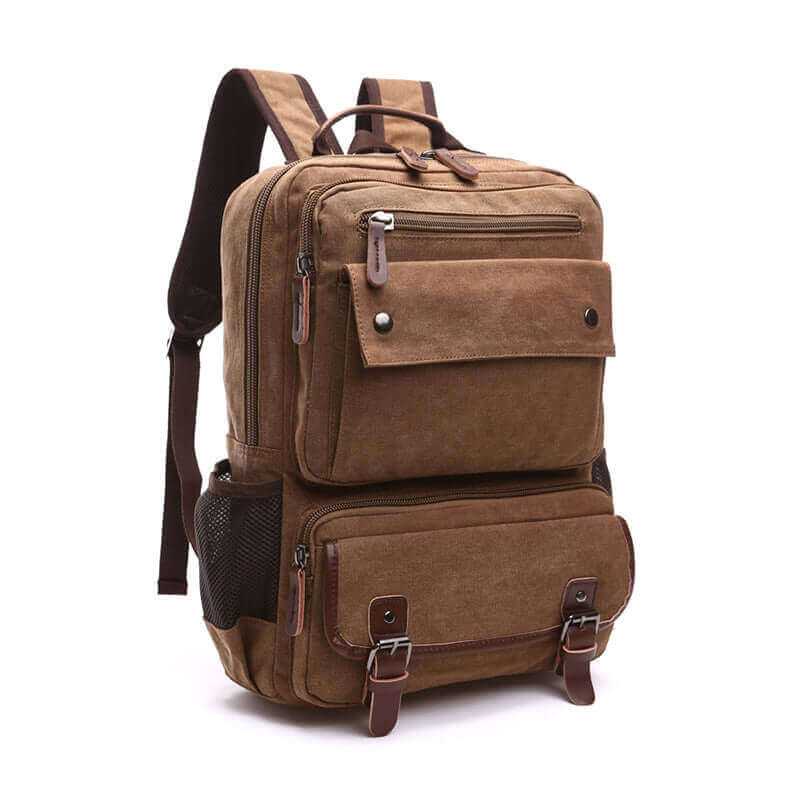 Multi-pocket canvas backpack for effective organization and storage.