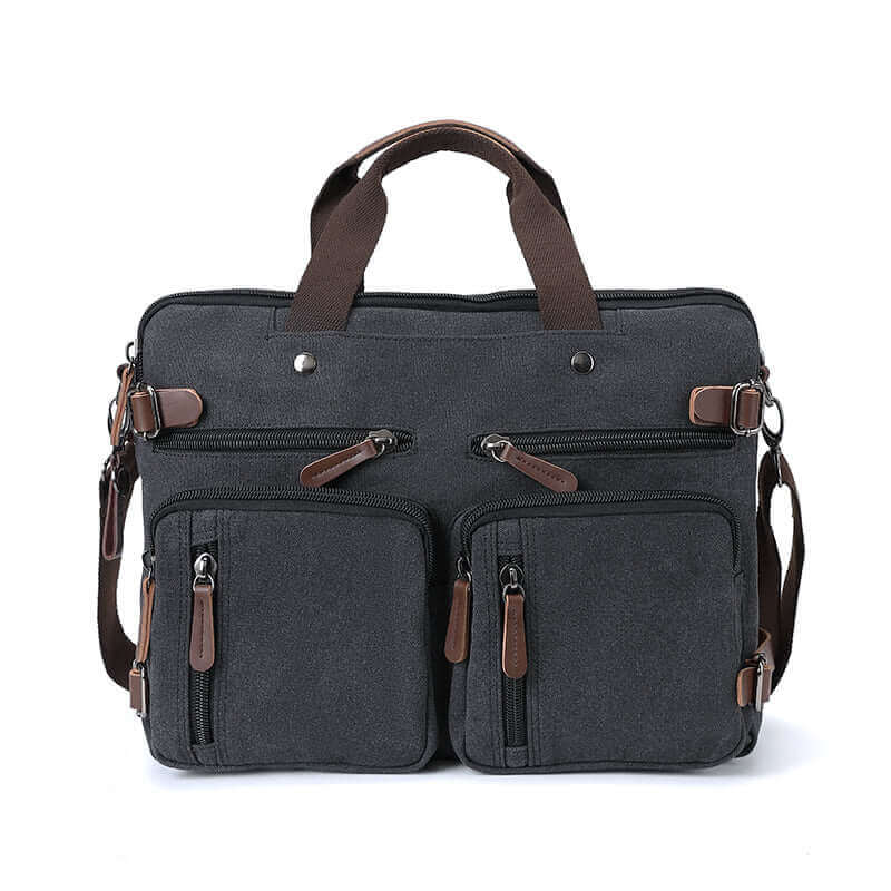 Black canvas laptop bag with hidden shoulder straps.