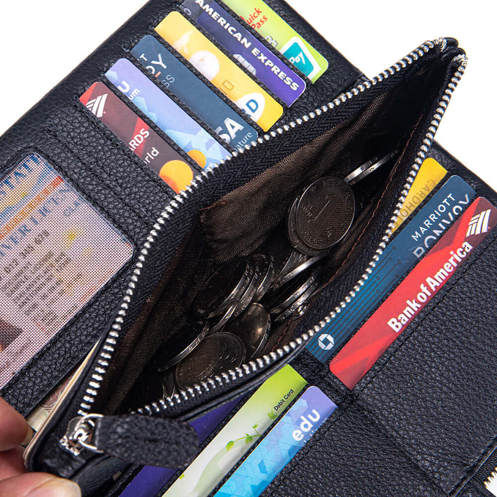 Open black wallet with various cards and coins