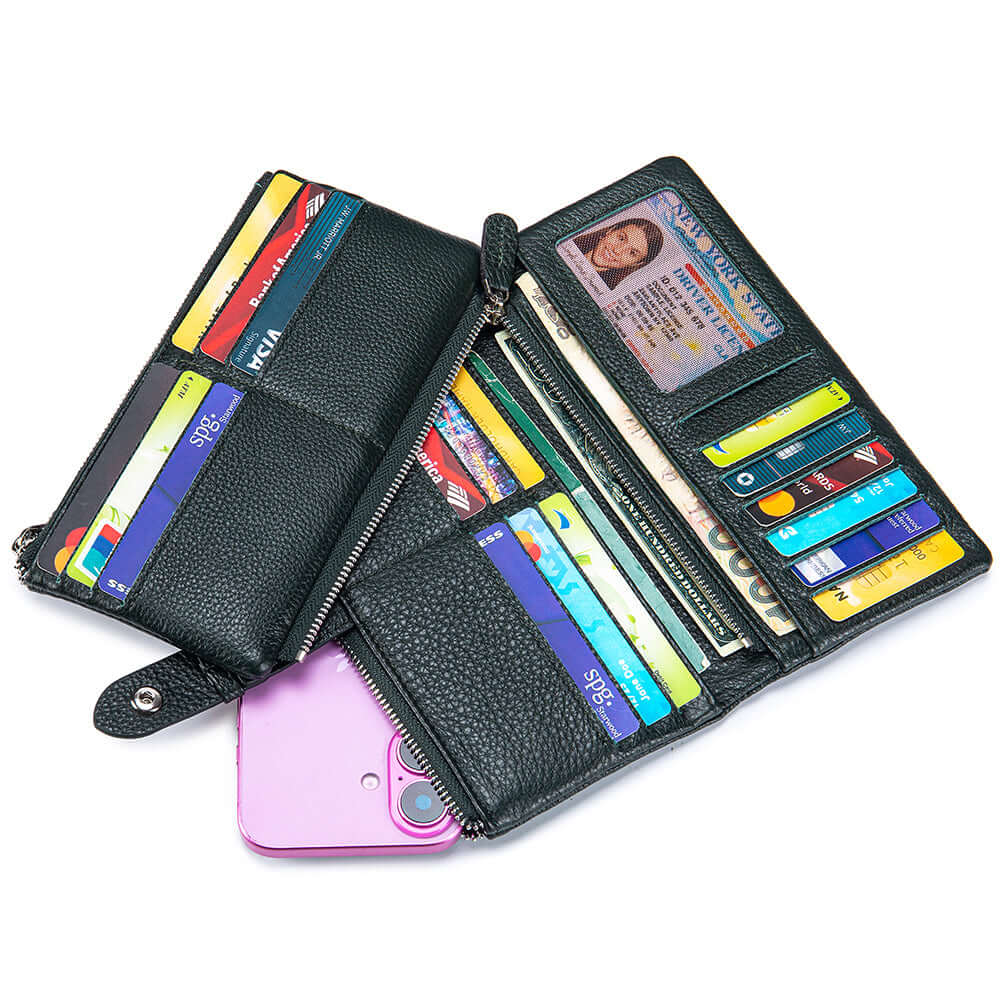 Dark green RFID wallet with large card capacity