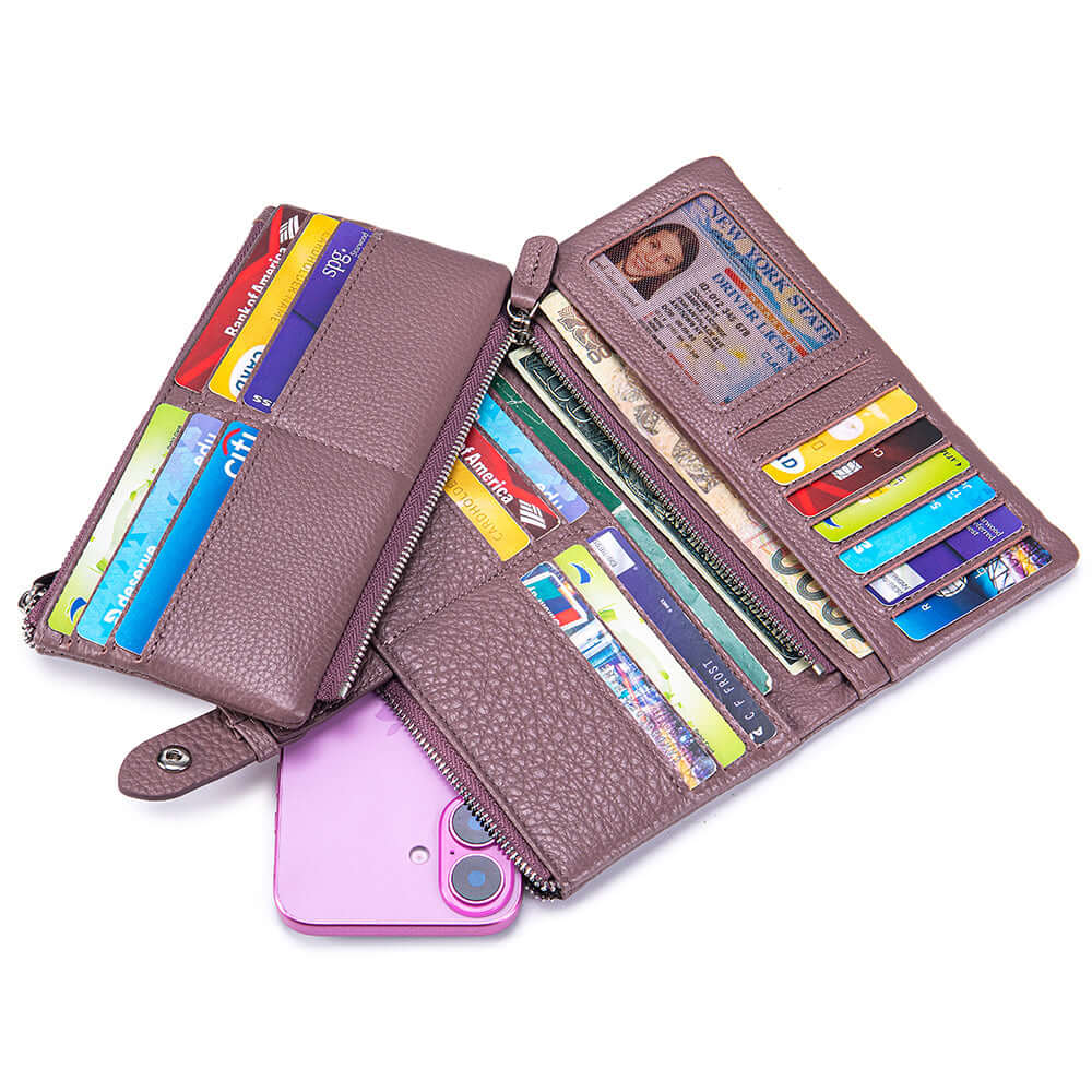 Light purple wallet with multiple card slots and a phone pocket