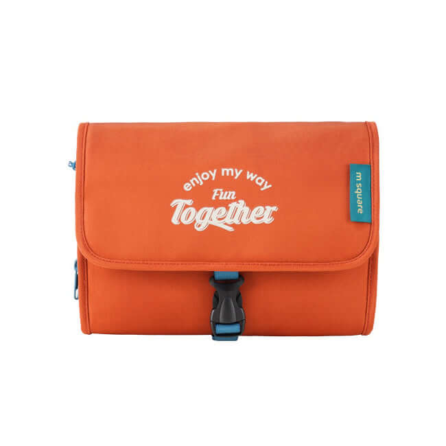 Orange travel wash bag with waterproof compartments