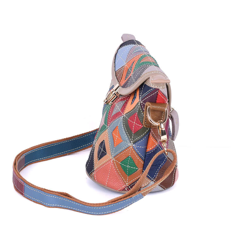 Adjustable strap on a multicolor patchwork leather bag