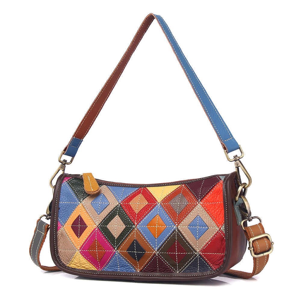 Fashionable colorful leather shoulder bag with patchwork design