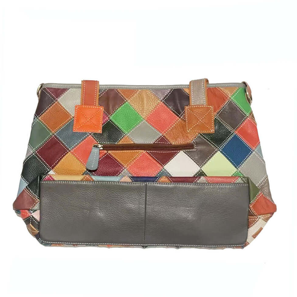 Bottom of the colorful leather tote bag with sturdy leather design