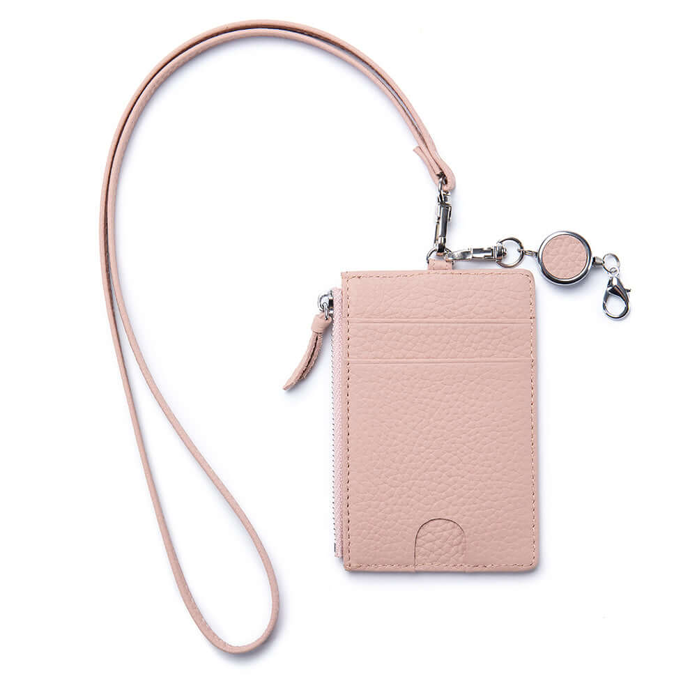 Pink leather cardholder with lanyard