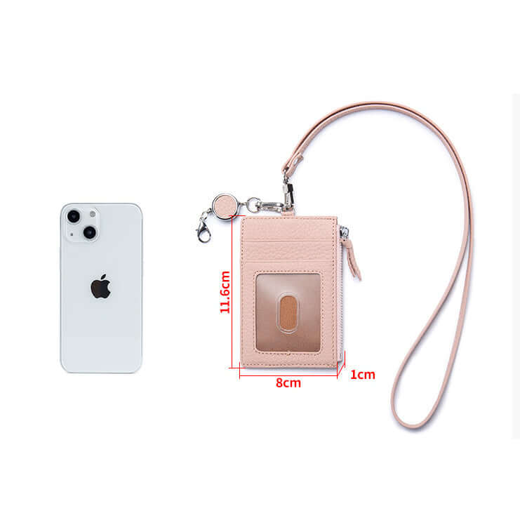 Pink phone case with lanyard and measurements next to an iPhone