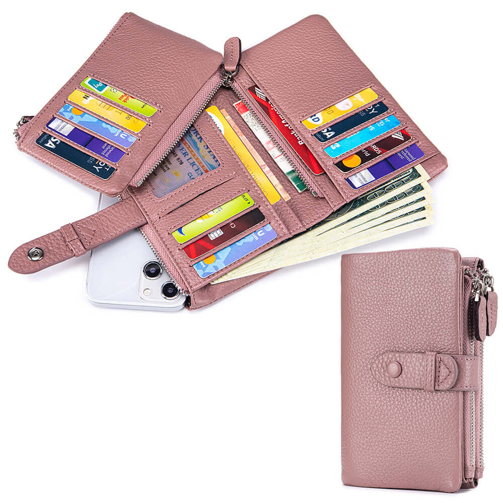 Pink wallet with multiple card slots and cash compartments