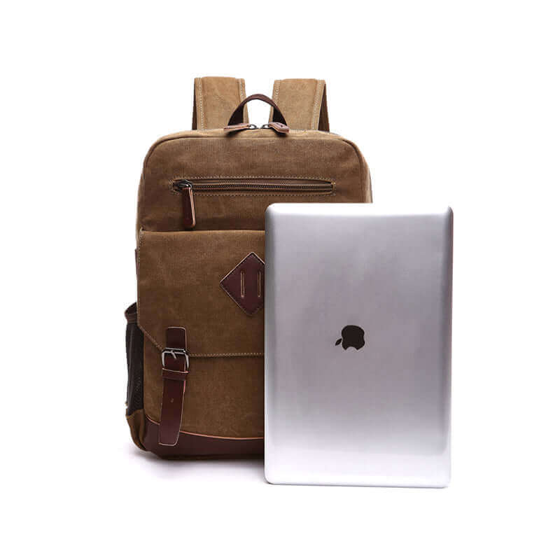 Practical canvas backpack featuring multiple pockets for easy organization.