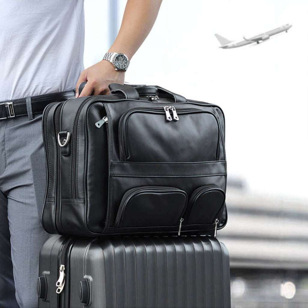 Men's black leather laptop briefcase, suitable for 17-inch laptops.