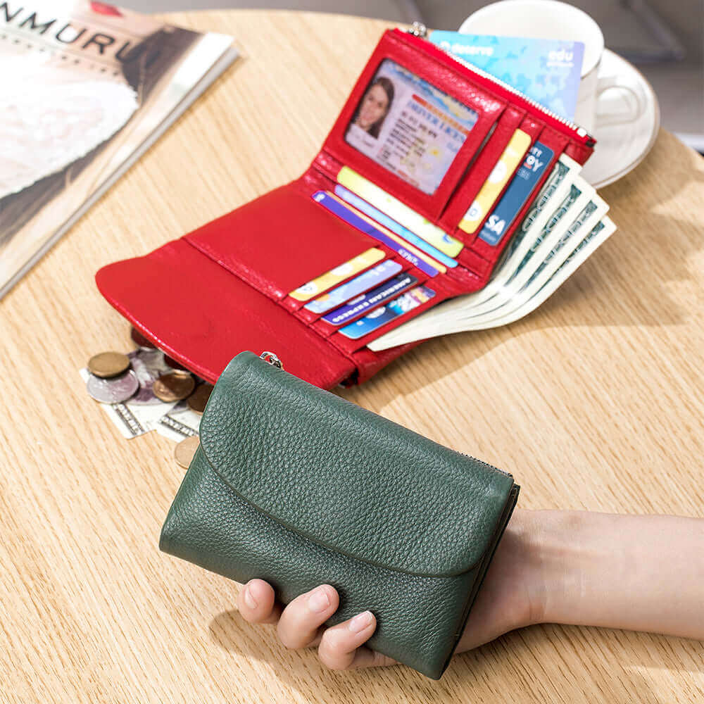 Premium leather envelope wallet in various colors for women.