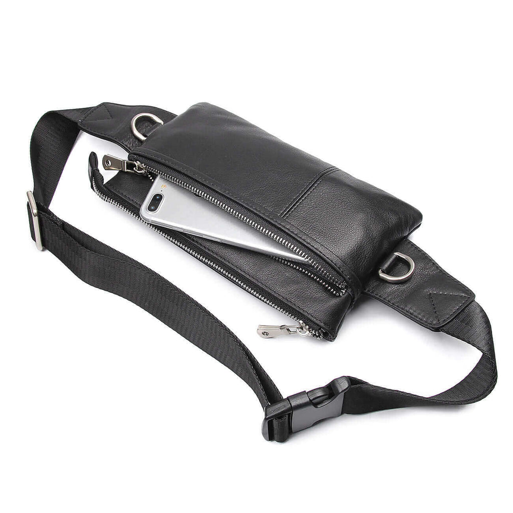 Premium genuine leather waist bag in sleek black design.