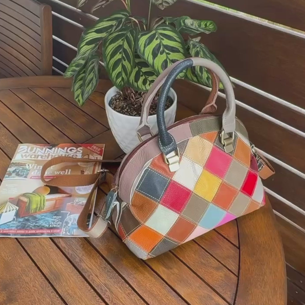 Genuine Leather Colorful Patchwork Handbag – Unique & Stylish Shell Bag