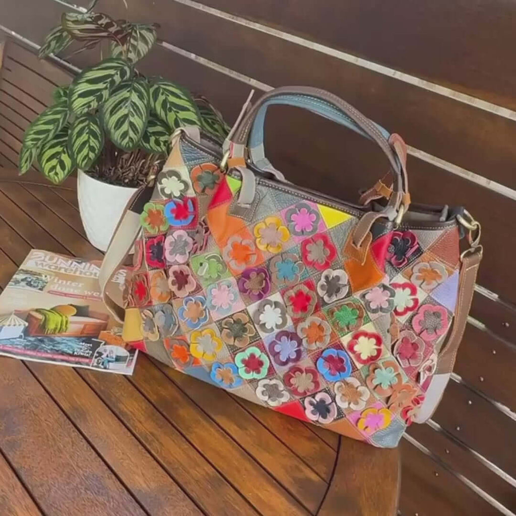 Leather Patchwork Handbag with Floral Design