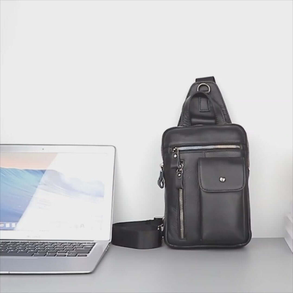 Black Leather Sling Bag for Men - Shoulder and Crossbody