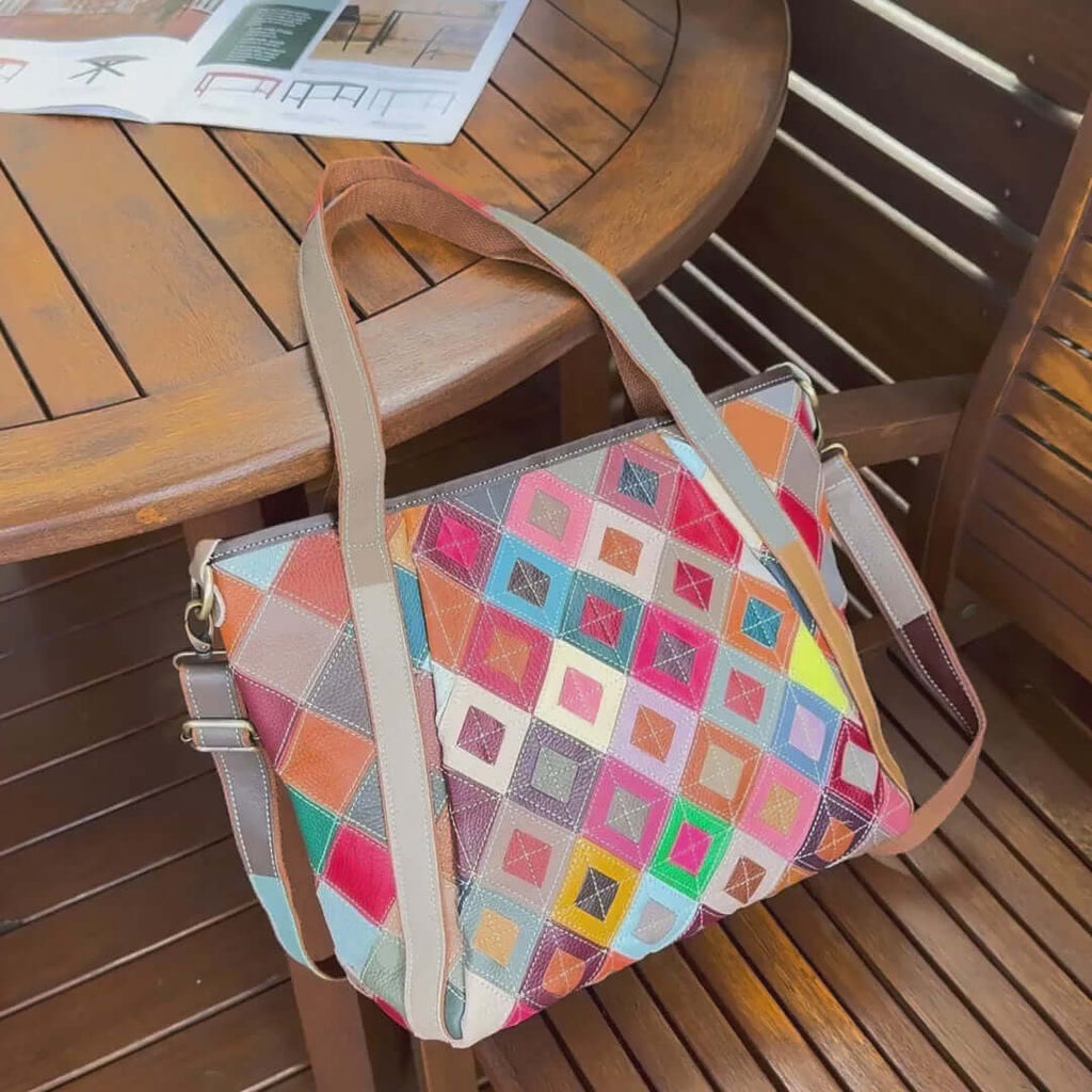 Versatile Leather Tote Bag with Colorful Patchwork – Handheld, Shoulder & Crossbody