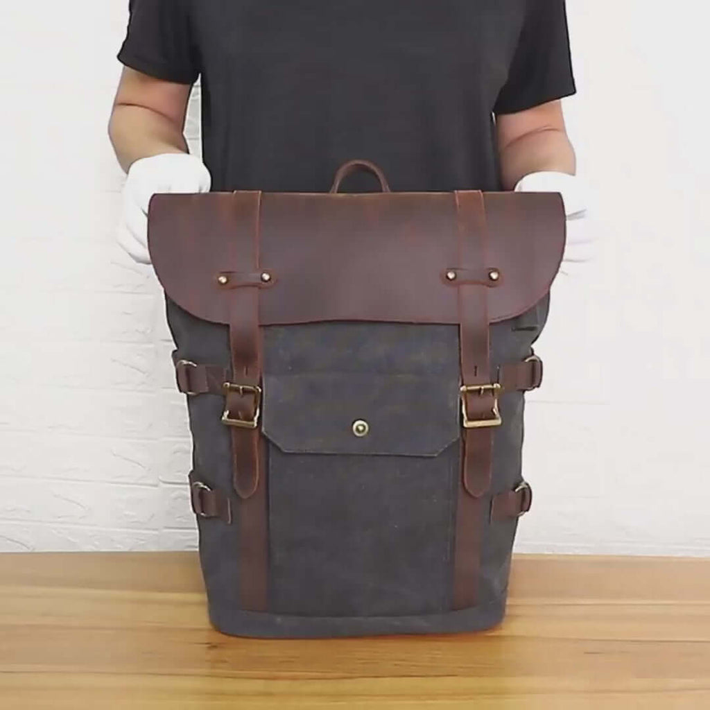 Rugged Crazy Horse Leather & Canvas Laptop Backpack - Fits 15.6" Laptop 22L