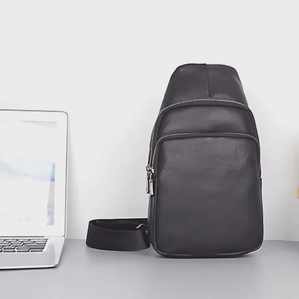 Men's Black Leather Sling Bag - Minimalist Chest Bag