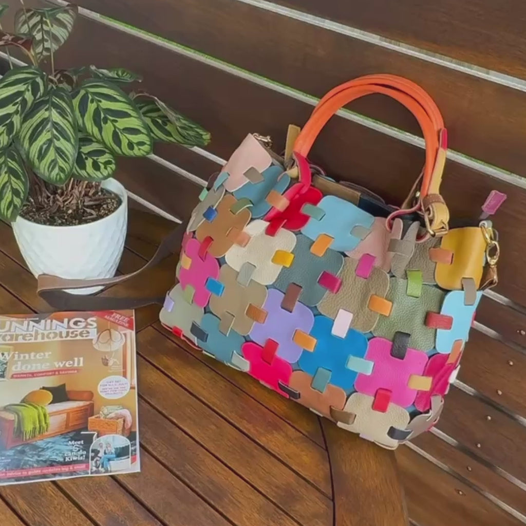 Unique Leather Handbag with Colorful Patchwork Design