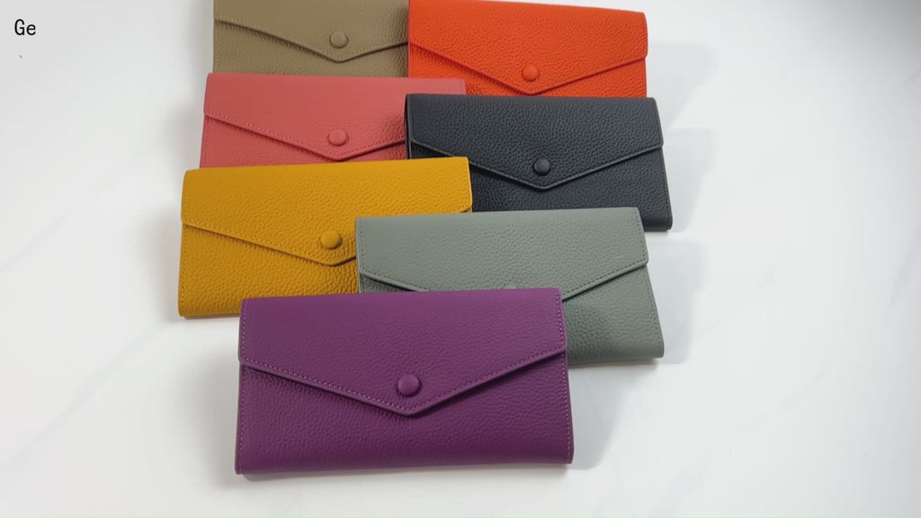 Women's Leather Bifold Envelope Wallet in various color options, showcasing the collection.