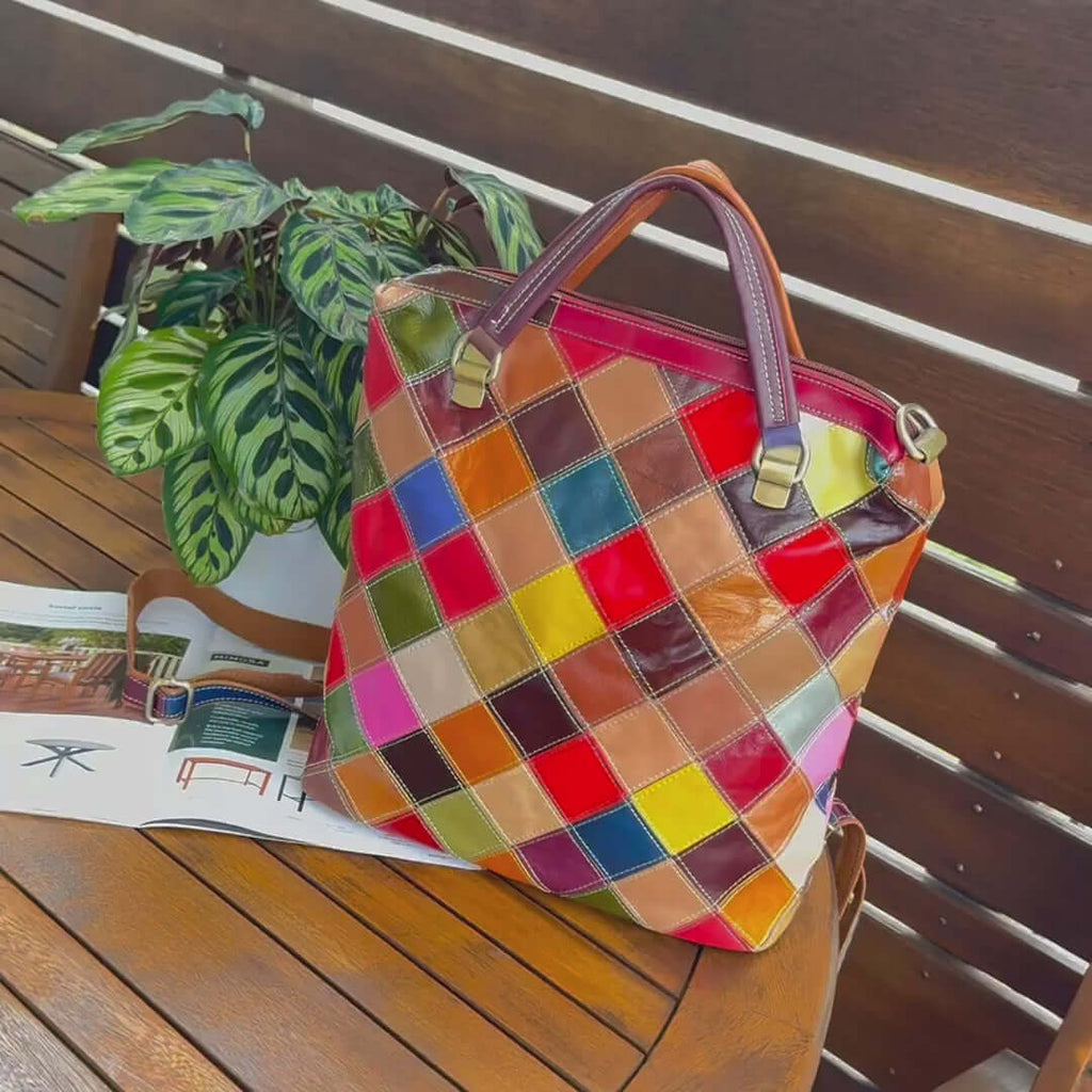 Women's Leather Multi-Style Colorful Patchwork Backpack - Shoulder & Crossbody