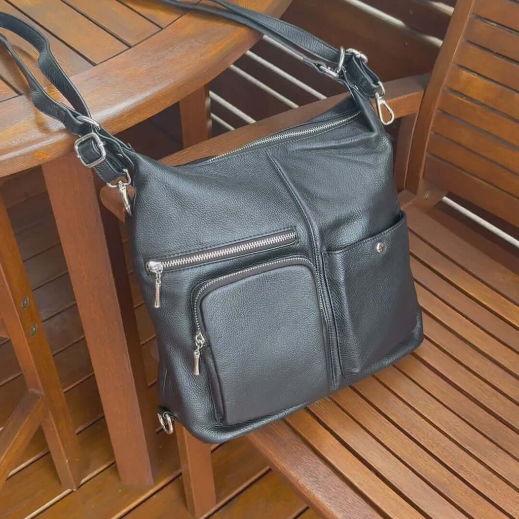 Multi-Way Women's Leather Backpack - Black Shoulder & Crossbody Bag NZ