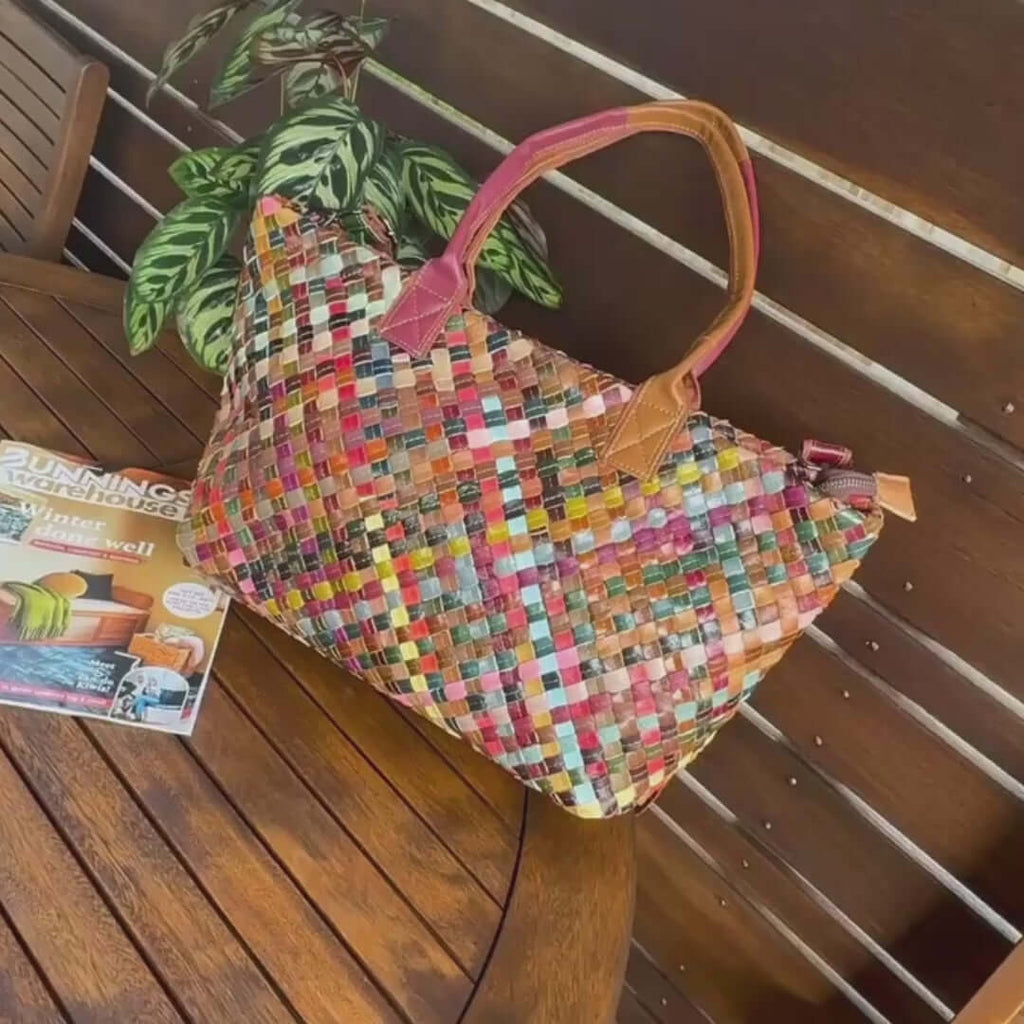 Colorful Woven Leather Tote Bag - Women's Handbag NZ