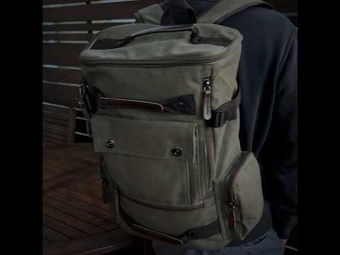 Men's canvas 15.6 inch laptop backpack with durable washed canvas and PU leather.