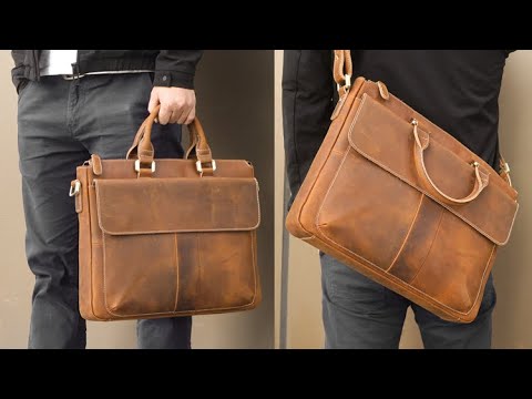 Interior of Crazy Horse Leather Laptop Bag with pockets and laptop space.