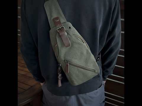 Green canvas chest bag with PU leather accents, perfect for men and women, ideal for travel and outdoor activities.