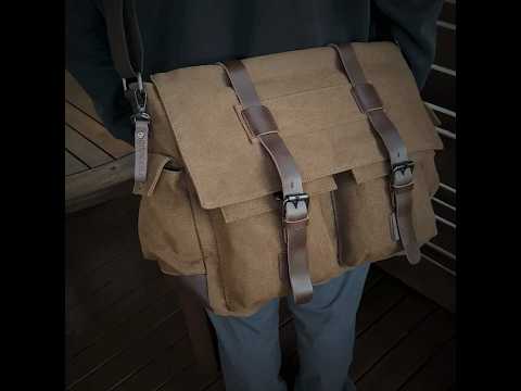 Canvas shoulder crossbody bag showing adjustable strap and side pocket.