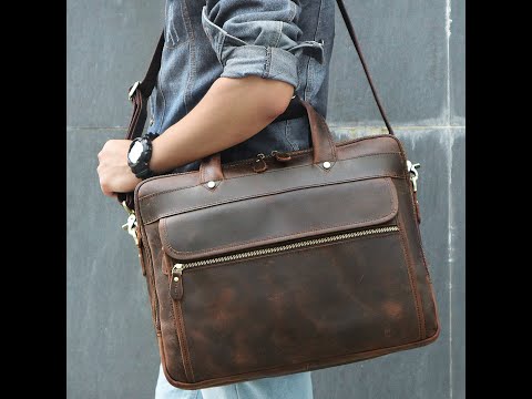 Premium vintage Crazy Horse leather laptop bag for men, ideal for daily use.
