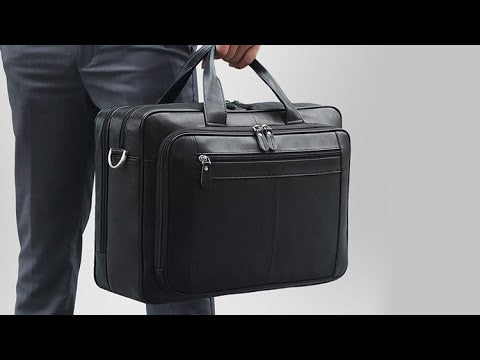 Spacious Men's Black Leather Laptop Bag for 17-inch laptops.